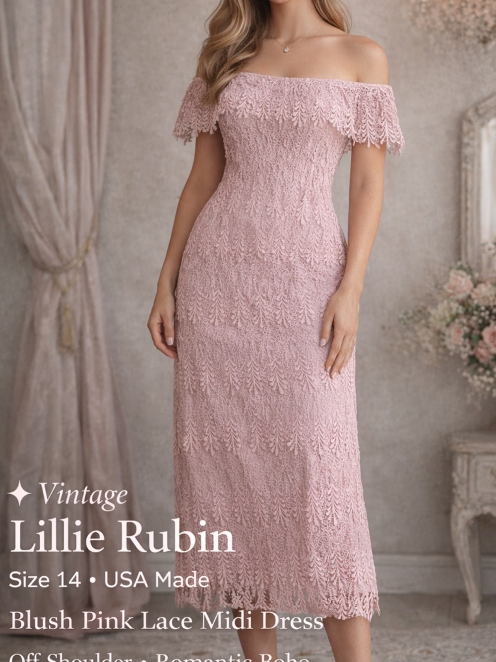 Vintage Lillie Rubin Pink Lace Off Shoulder Dress Size 14 USA Made Romantic Boho